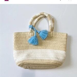 Altru Made For Good Straw Woven Tote Bag tan, and white